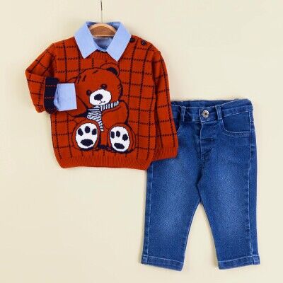 Wholesale Baby Boys 3-Piece Sweater Shirt and Denim Pants Set 6-18M Babymuz 2009-5150 Tile Red 