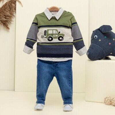 Wholesale Baby Boys 3-Piece Sweater Shirt and Denim Pants Set 9-24M Babymuz 2009-5154 - Babymuz (1)