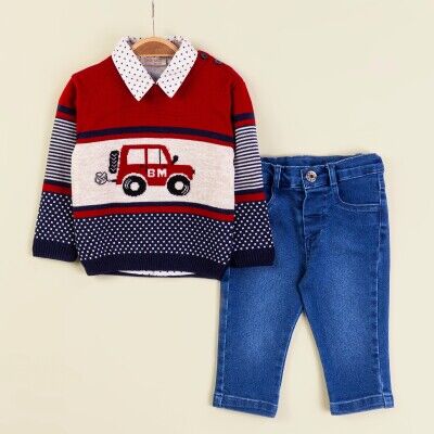 Wholesale Baby Boys 3-Piece Sweater Shirt and Denim Pants Set 9-24M Babymuz 2009-5154 Red