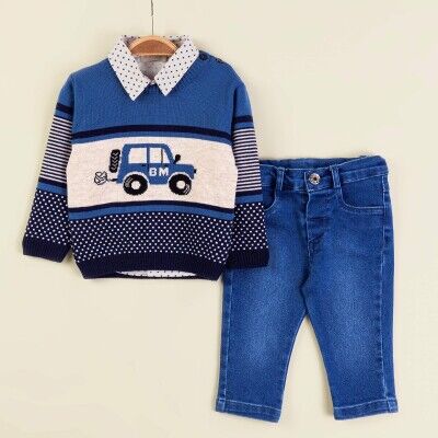 Wholesale Baby Boys 3-Piece Sweater Shirt and Denim Pants Set 9-24M Babymuz 2009-5154 Indigo