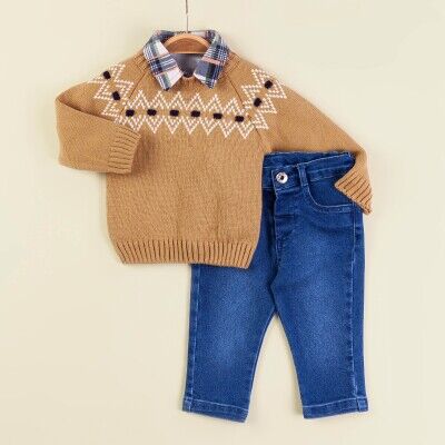 Wholesale Baby Boys 3-Piece Sweater Shirt and Denim Pants Set 9-24M Babymuz 2009-5157 - Babymuz