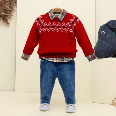 Wholesale Baby Boys 3-Piece Sweater Shirt and Denim Pants Set 9-24M Babymuz 2009-5157 Red