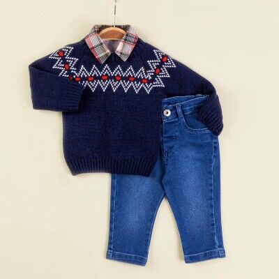Wholesale Baby Boys 3-Piece Sweater Shirt and Denim Pants Set 9-24M Babymuz 2009-5157 Navy 