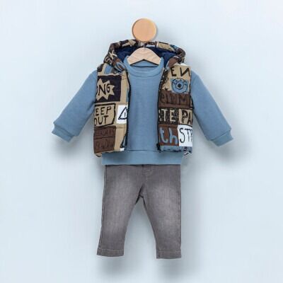 Wholesale Baby Boys 3-Piece Vest Sweatshirt and Denim Pants 9-24M Cumino 1014-CMN3375 - Cumino