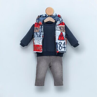 Wholesale Baby Boys 3-Piece Vest Sweatshirt and Denim Pants 9-24M Cumino 1014-CMN3375 Ecru