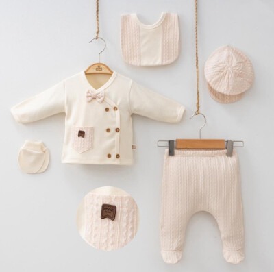 Wholesale Baby Boys 5-Piece Newborn Body Pants Hat Bib Glove Set 0-3M Minizeyn 2014-7055 Beige