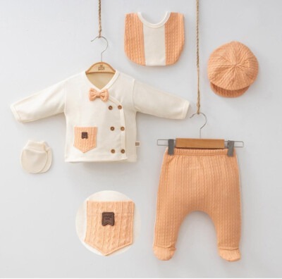 Wholesale Baby Boys 5-Piece Newborn Body Pants Hat Bib Glove Set 0-3M Minizeyn 2014-7055 Light Orange 