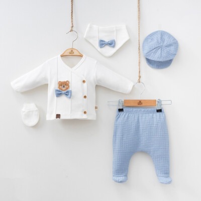 Wholesale Baby Boys 5-Piece Newborn Set with Body Pants Hat Bib and Glove 0-3M Minizeyn 2014-7053 - Minizeyn