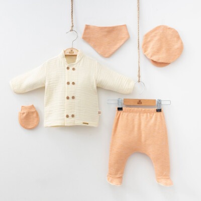 Wholesale Baby Boys Newborn 5-Piece Body Pants Bib Glove Hat Set 0-3M Minizeyn 2014-7047 Light Orange 