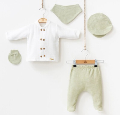 Wholesale Baby Boys Newborn 5-Piece Body Pants Bib Glove Hat Set 0-3M Minizeyn 2014-7047 Green Almond