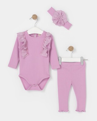Wholesale Baby Girls 3-Piece Onesies And Pants Set With HeadBand 6-18M Bupper Kids 1053-23943 Lilac