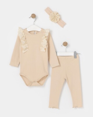 Wholesale Baby Girls 3-Piece Onesies And Pants Set With HeadBand 6-18M Bupper Kids 1053-23943 Stone