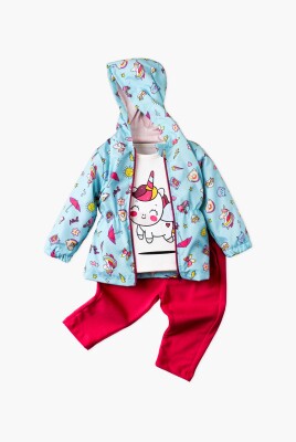 Wholesale Baby Girls 3-Piece Raincoat Set with T-shirt and Pants 9-24M Kidexs 1026-90095 Blue