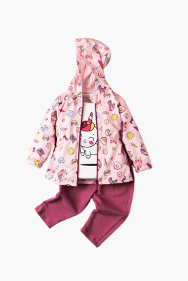 Wholesale Baby Girls 3-Piece Raincoat Set with T-shirt and Pants 9-24M Kidexs 1026-90095 Pink
