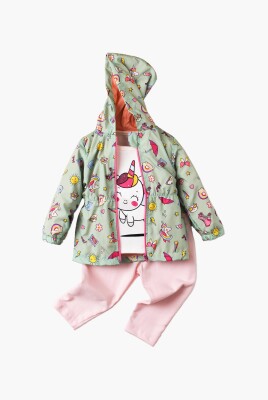 Wholesale Baby Girls 3-Piece Raincoat Set with T-shirt and Pants 9-24M Kidexs 1026-90095 Green