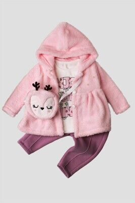 Wholesale Baby Girls 4-Piece Welsoft Cardigan T-Shirt Pants and Bag Set 9-24M Kidexs 1026-45037 Pink