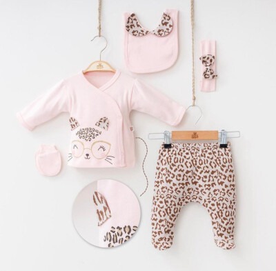 Wholesale Baby Girls 5-Piece Newborn Set with Body Pants Headband Gloves and Bibs Minizeyn 2014-7014 Pink