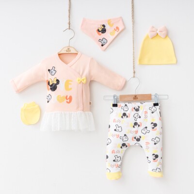 Wholesale Baby Girls Newborn 5-Piece Body Pants Bib Hat and Gloves Set 0-3M Minizeyn 2014-5589 Salmon Color 