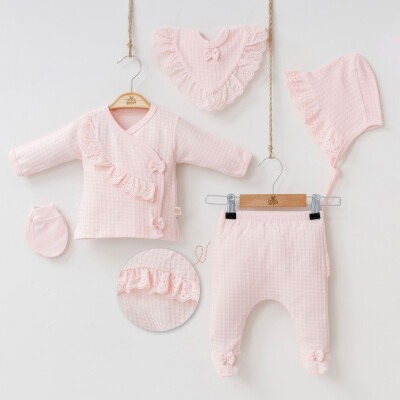 Wholesale Baby Girls Newborn 5-Piece Body Pants Bib Hat and Gloves Set 0-3M Minizeyn 2014-7031 Pink