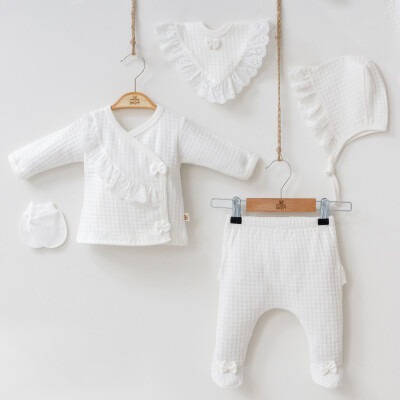 Wholesale Baby Girls Newborn 5-Piece Body Pants Bib Hat and Gloves Set 0-3M Minizeyn 2014-7031 Ecru