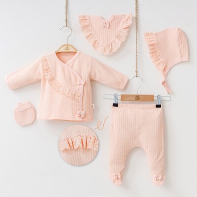 Wholesale Baby Girls Newborn 5-Piece Body Pants Bib Hat and Gloves Set 0-3M Minizeyn 2014-7031 Salmon Color 
