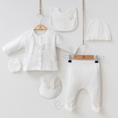 Wholesale Baby Girls Newborn 5-Piece Body Pants Bib Hat and Gloves Set 0-3M Minizeyn 2014-7044 Ecru