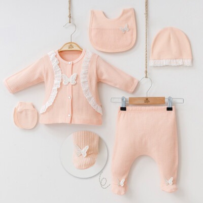 Wholesale Baby Girls Newborn 5-Piece Body Pants Bib Hat and Gloves Set 0-3M Minizeyn 2014-7044 Salmon Color 