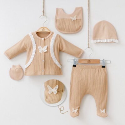 Wholesale Baby Girls Newborn 5-Piece Body Pants Bib Hat and Gloves Set 0-3M Minizeyn 2014-7044 Mink