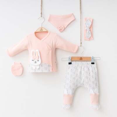 Wholesale Baby Girls Newborn 5-Piece Body Pants Bib Headband and Gloves Set 0-3M Minizeyn 2014-7010 Salmon Color 