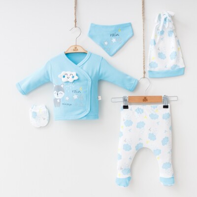 Wholesale Baby Girls Newborn 5-Piece Body Pants Bib Headband and Gloves Set 0-3M Minizeyn 2014-7015 Turquoise