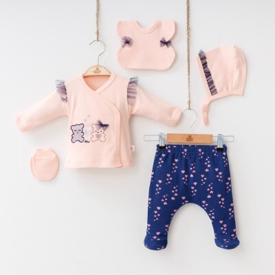 Wholesale Baby Girls Newborn 5-Piece Body Pants Bib Headband and Gloves Set 0-3M Minizeyn 2014-7029 Salmon Color 