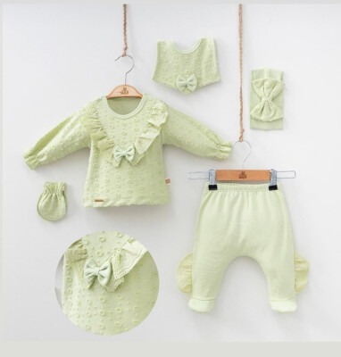 Wholesale Baby Girls Newborn 5-Piece Body Pants Bib Headband and Gloves Set 0-3M Minizeyn 2014-7052 Green