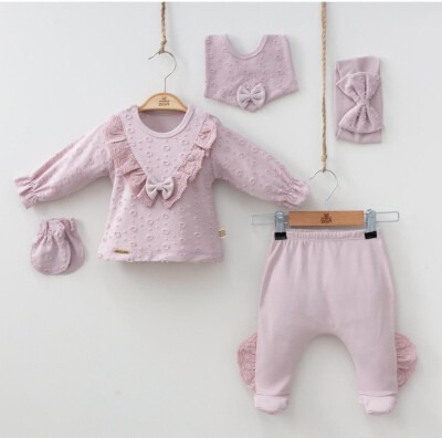 Wholesale Baby Girls Newborn 5-Piece Body Pants Bib Headband and Gloves Set 0-3M Minizeyn 2014-7052 Lilac