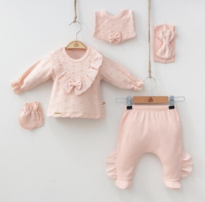 Wholesale Baby Girls Newborn 5-Piece Body Pants Bib Headband and Gloves Set 0-3M Minizeyn 2014-7052 Salmon Color 