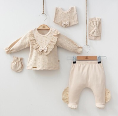 Wholesale Baby Girls Newborn 5-Piece Body Pants Bib Headband and Gloves Set 0-3M Minizeyn 2014-7052 Mink