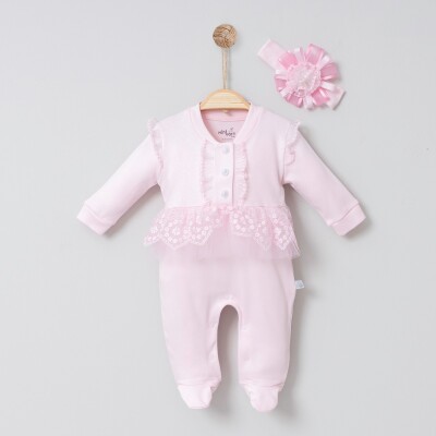 Wholesale Baby Girls Rompers and Headband Set 0-6M Miniborn 2019-6079 Pink