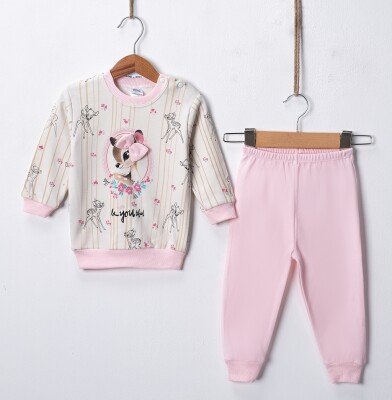 Wholesale Bow Detail Gazelle Printed 2pcs Baby Girl Tracksuit Set 9-18M Hoppidik 2017-2396 Pink