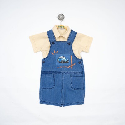 Wholesale Boys 2-Piece Denim Salopet and Shirt Set 2-5Y Timo 1018-TEDT202232822 Beige-Indigo