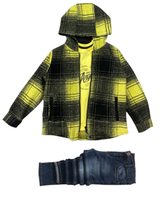 Wholesale Boys 3-Piece Cardigan Set with Long Sleeve T-shirt and Denim Pants 2-6Y Bitton 1065-2787-1 Yellow