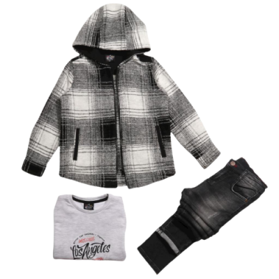 Wholesale Boys 3-Piece Cardigan Set with Long Sleeve T-shirt and Denim Pants 2-6Y Bitton 1065-2787-1 White