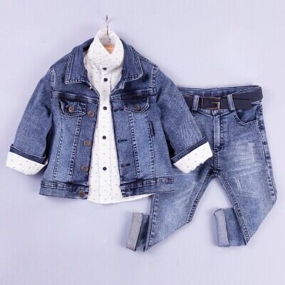 Wholesale Boys 3-Piece Jacket Shirt and Denim Pants Set 2-5Y Gold Class 1010-2206 - Gold Class