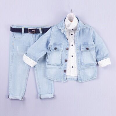 Wholesale Boys 3-Piece Jacket Shirt and Denim Pants Set 2-5Y Gold Class 1010-2208 Ice blue