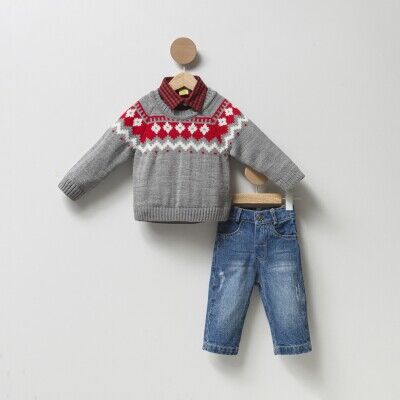 Wholesale Boys 3-Piece Sweater Shirt and Jeans Set Cumino 1014-CMN3386 Gray