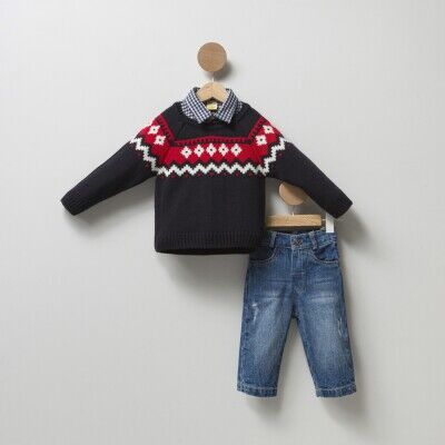 Wholesale Boys 3-Piece Sweater Shirt and Jeans Set Cumino 1014-CMN3386 Navy 