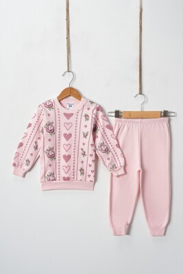 Wholesale Cross Stitch Hearts Embossed Printed 2 Piece Girl Set 2-4Y Hoppidik 2017-2402 Pink