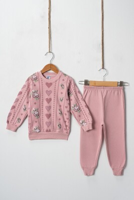 Wholesale Cross Stitch Hearts Embossed Printed 2 Piece Girl Set 2-4Y Hoppidik 2017-2402 Dusty Rose