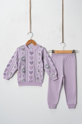 Wholesale Cross Stitch Hearts Embossed Printed 2 Piece Girl Set 2-4Y Hoppidik 2017-2402 Dark Lilac