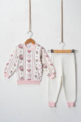 Wholesale Cross Stitch Hearts Embossed Printed 2 Piece Girl Set 2-4Y Hoppidik 2017-2402 Batik pink