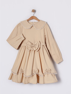 Wholesale Girl Child 5-8 Years Poplin Baby Collar Dress 5-8Y Pafim 2041-2025Y1143 Beige