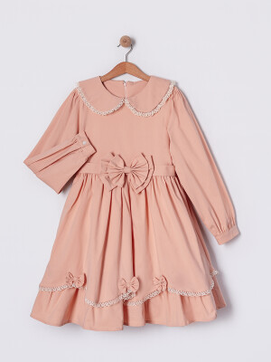 Wholesale Girl Child 5-8 Years Poplin Baby Collar Dress 5-8Y Pafim 2041-2025Y1143 Salmon Color 